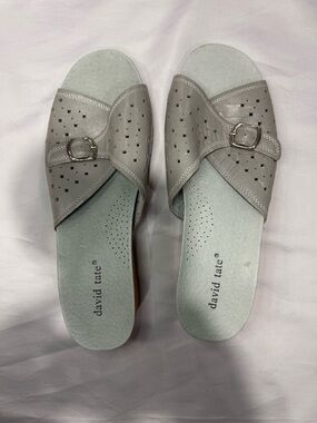 David Tate Light Gray Perforated Buckle Slide Mules